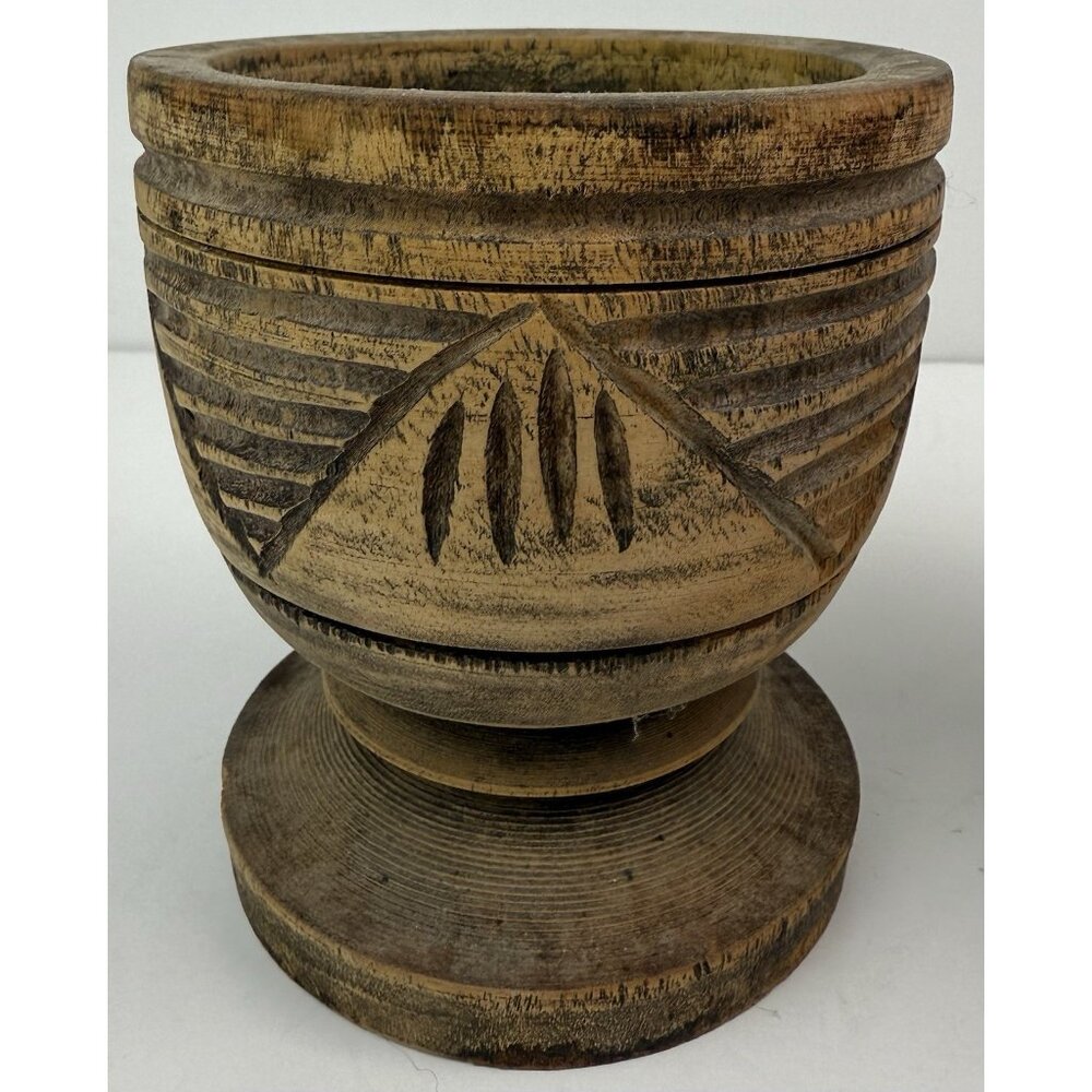Vintage Wooden Hand Carved Pedestal Mortar/Cup/Vase Set‎ Of 2 Rustic - Picture 7 of 8